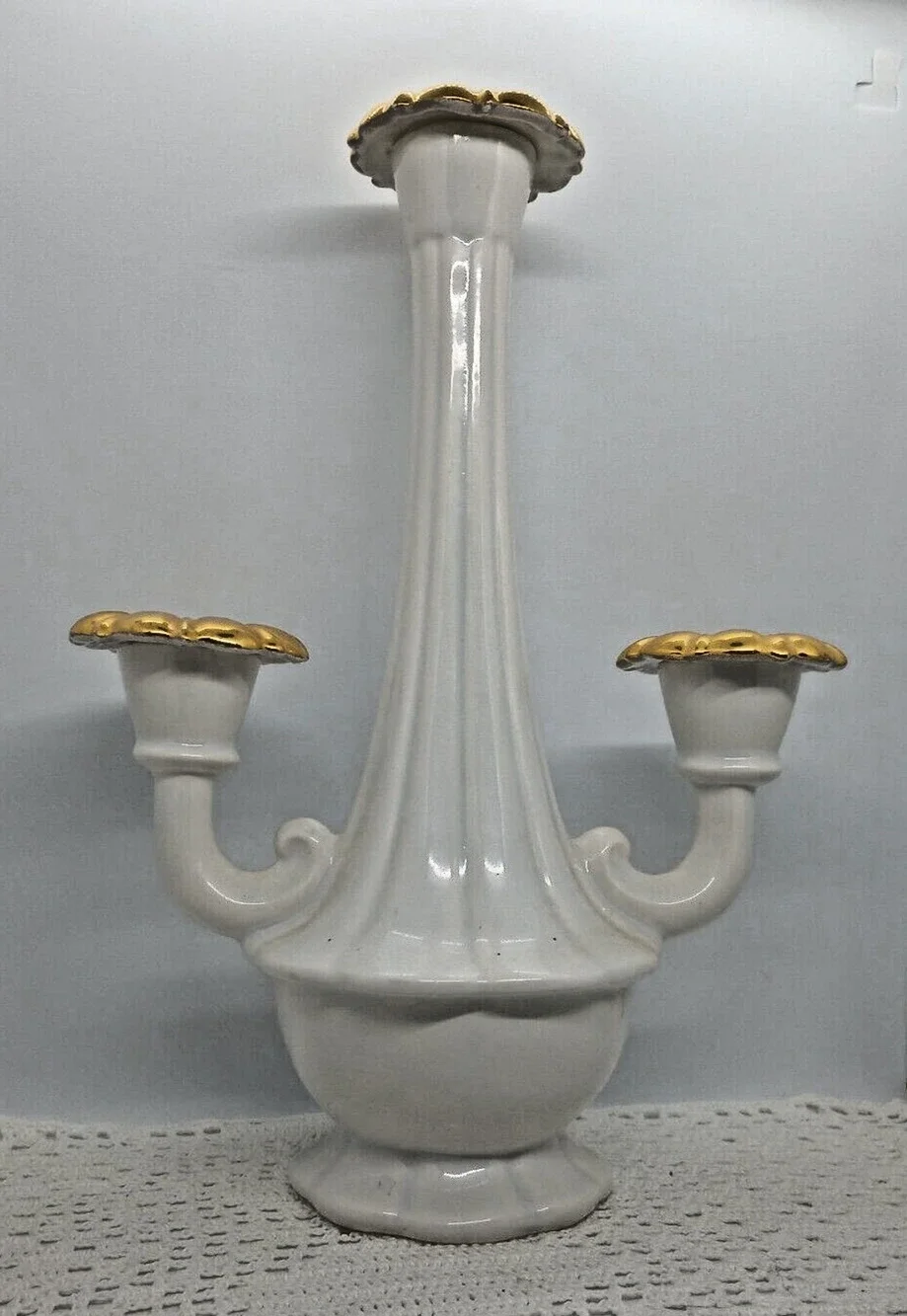 MCM MADDUX of CALIFORNIA Ceramic White Gold 3 Candle Taper 12 